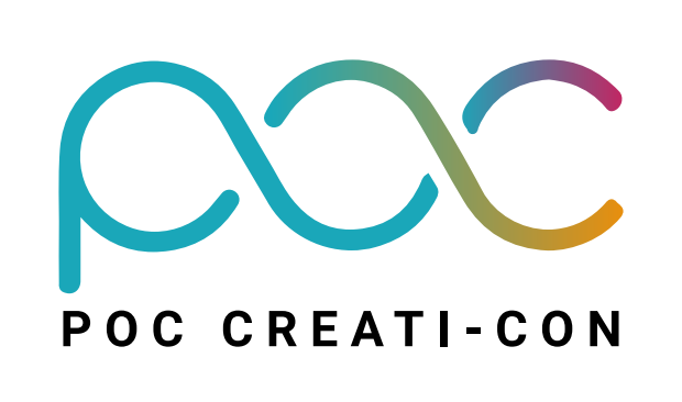 Multi-colored letters P O and C on a white background with the words POC Creati-Con in black lettering at the bottom.