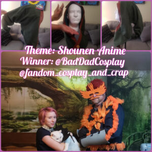 Shounen Anime theme winners fandom cosplay and crap wearing pink hair and holding a cat, and Bad Dad Cosplay wearing a mask and blue suit covered in orange flames. Prize is a green and brown cap.