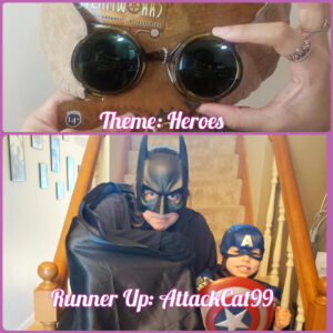 Theme Heroes Runner up Attack Cat 99. Attack Cat99 wears a Batman costume with a black mask and a black cape along with a child wearing a Captain America costume with a blue helmet and red white and blue shield. The prize is a pair of gold wing goggles.