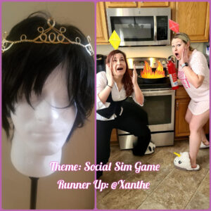 Social Sim Game runner up: Xanthe where two people wearing pajamas and Sim diamonds above their heads stand near a stove with fake fire in a pan. The Prize is a gold Circlet.