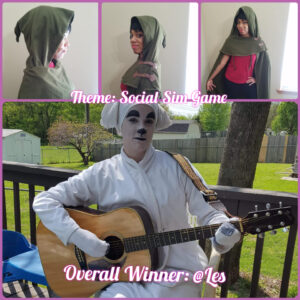 Theme Social Sim Game winner Les wearing a costume to look like a white dog playing a guitar.